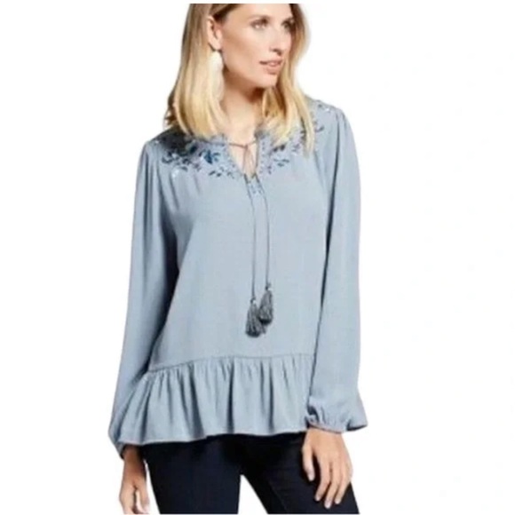 KNOX ROSE Blue Embroidered Peasant Top - Picture 1 of 9